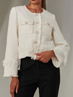 Jolie Moi Coats & Jackets|Blazers-Tweed Fringe He Jacket, Cream