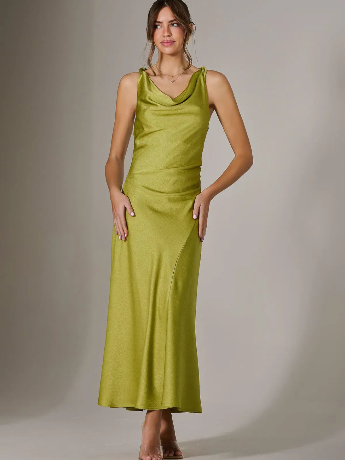 Jolie Moi Mother Of The Bride|Occasion Dresses-Twisted Shoulder Cowl Neck Midaxi Dress, Green