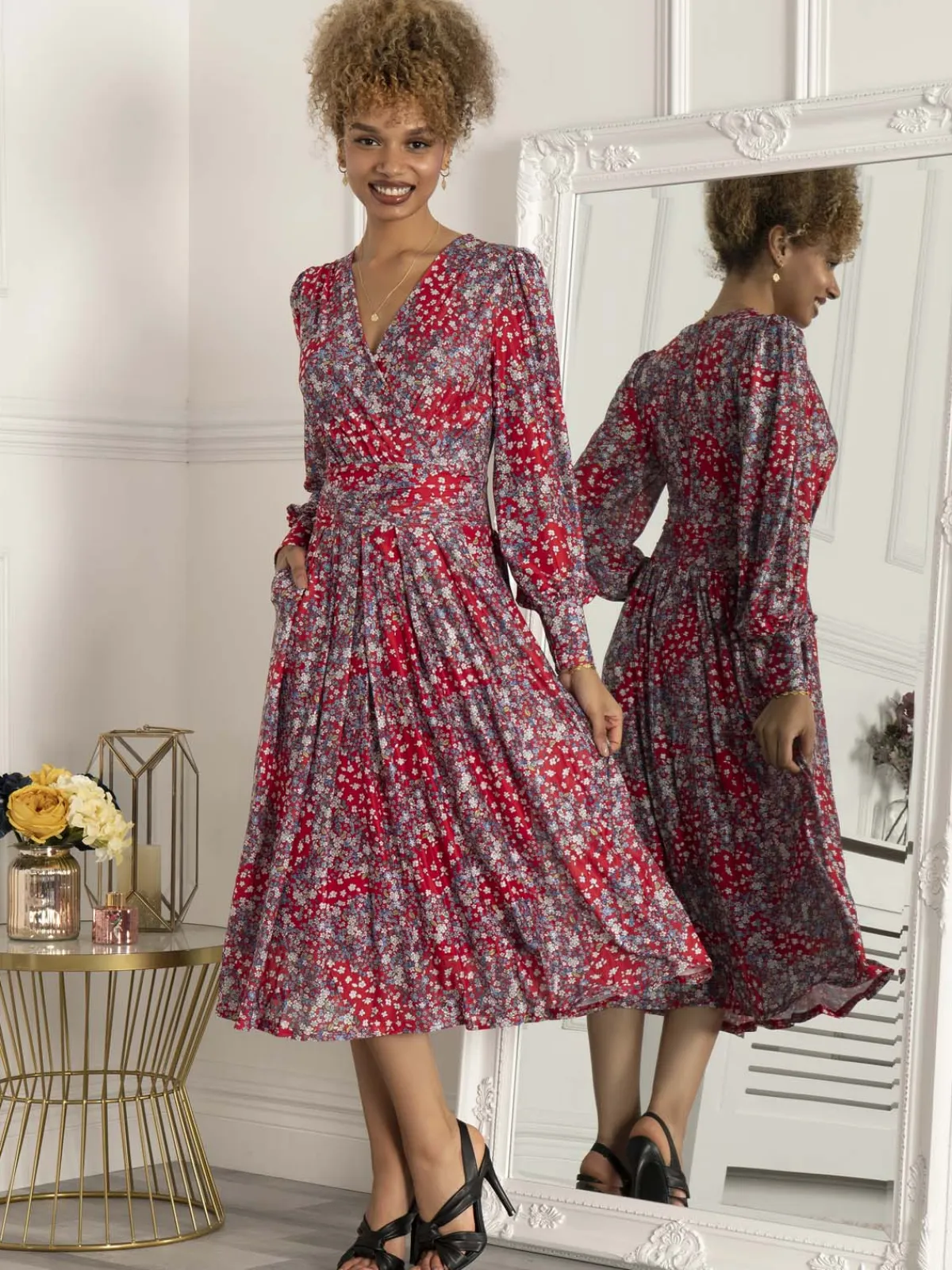 Jolie Moi Occasion Dresses|Mother Of The Bride-Vanessa Long Sleeve Mesh Midi Dress, Red Floral