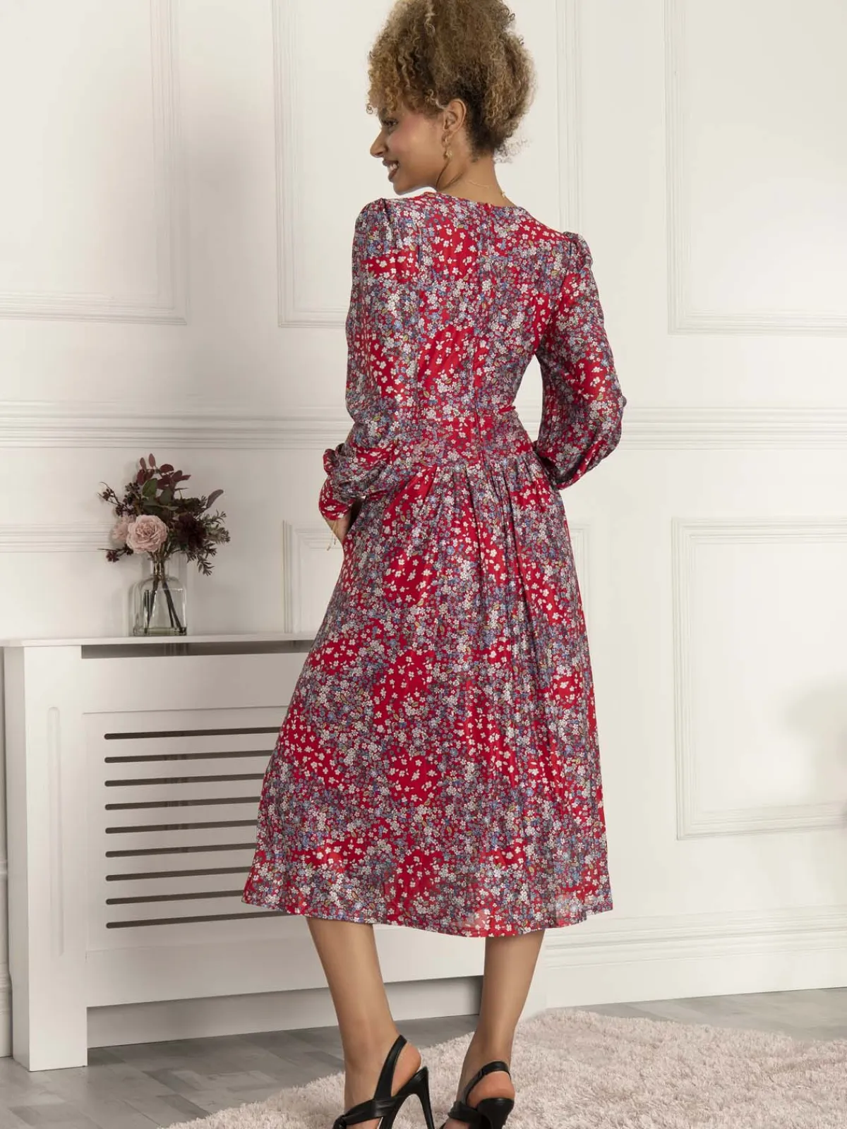 Jolie Moi Occasion Dresses|Mother Of The Bride-Vanessa Long Sleeve Mesh Midi Dress, Red Floral