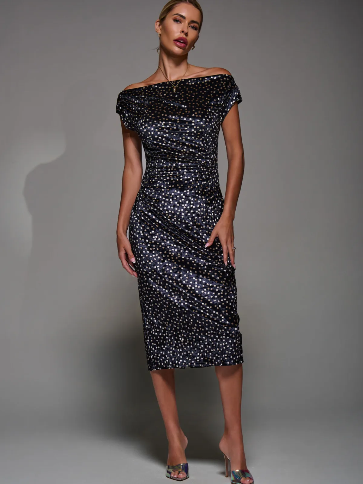 Jolie Moi Occasion Dresses|Velvet Dresses-Velvet Print Ruched Bodycon Dress, Black Polka