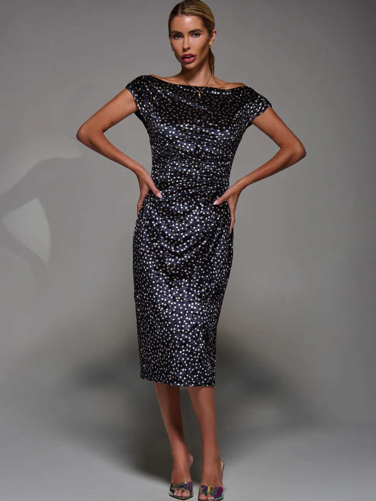 Jolie Moi Occasion Dresses|Velvet Dresses-Velvet Print Ruched Bodycon Dress, Black Polka