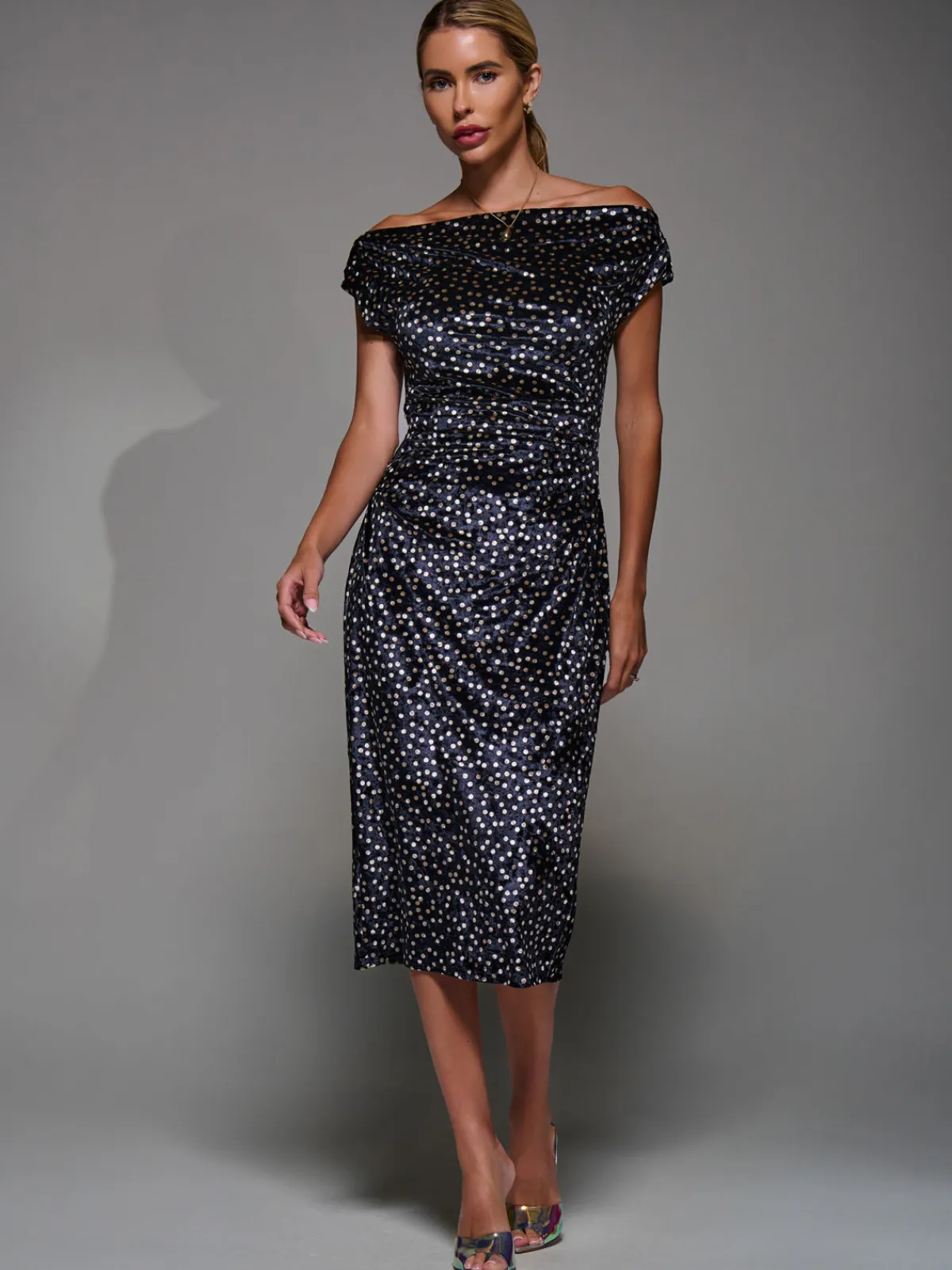 Jolie Moi Occasion Dresses|Velvet Dresses-Velvet Print Ruched Bodycon Dress, Black Polka