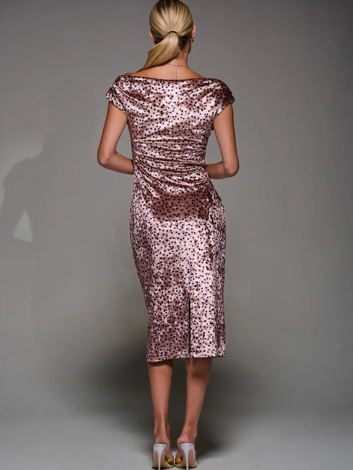 Jolie Moi Occasion Dresses|Velvet Dresses-Velvet Print Ruched Bodycon Dress, Pink Polka