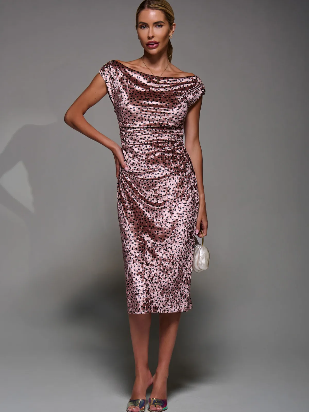 Jolie Moi Occasion Dresses|Velvet Dresses-Velvet Print Ruched Bodycon Dress, Pink Polka
