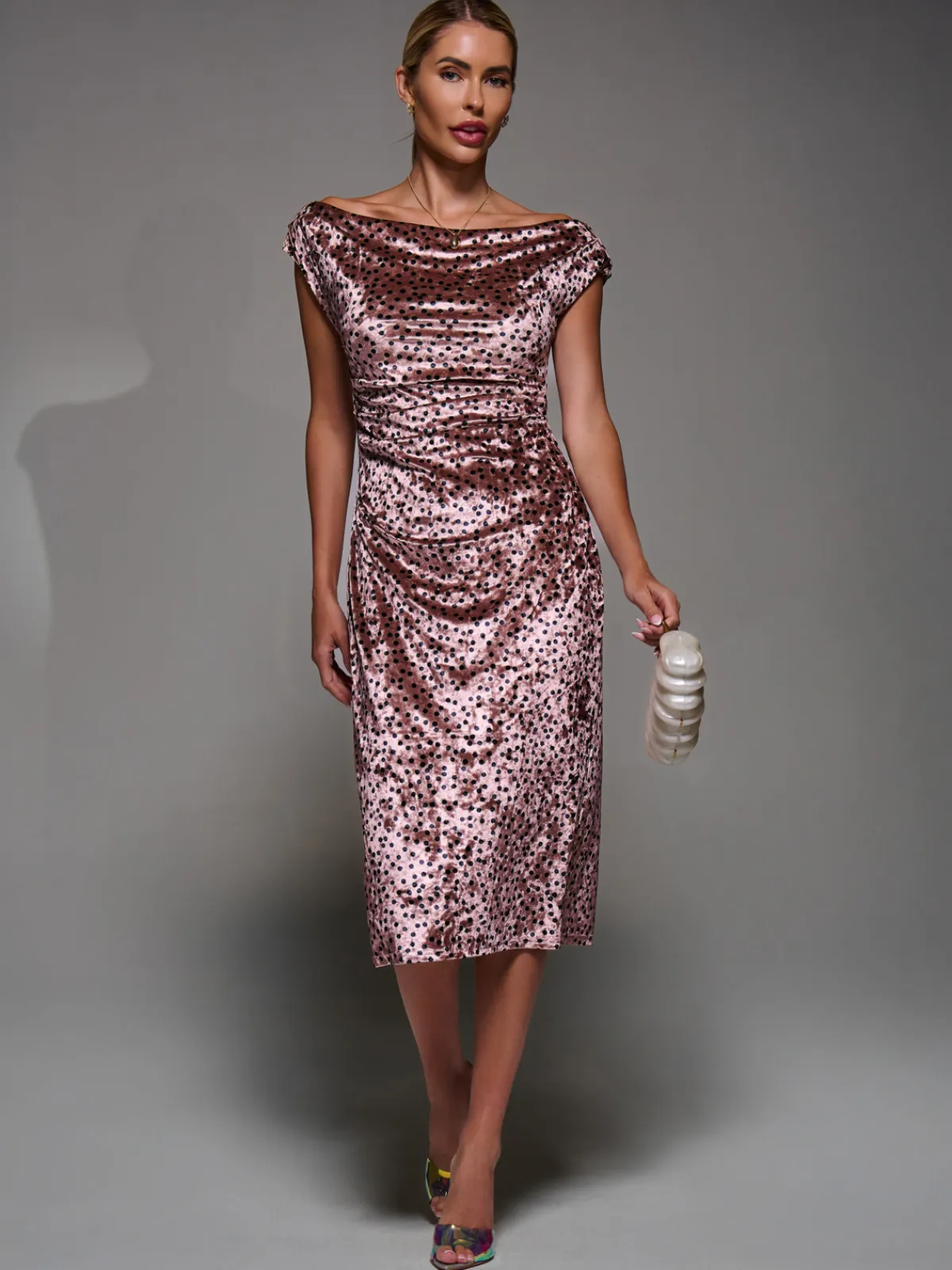 Jolie Moi Occasion Dresses|Velvet Dresses-Velvet Print Ruched Bodycon Dress, Pink Polka