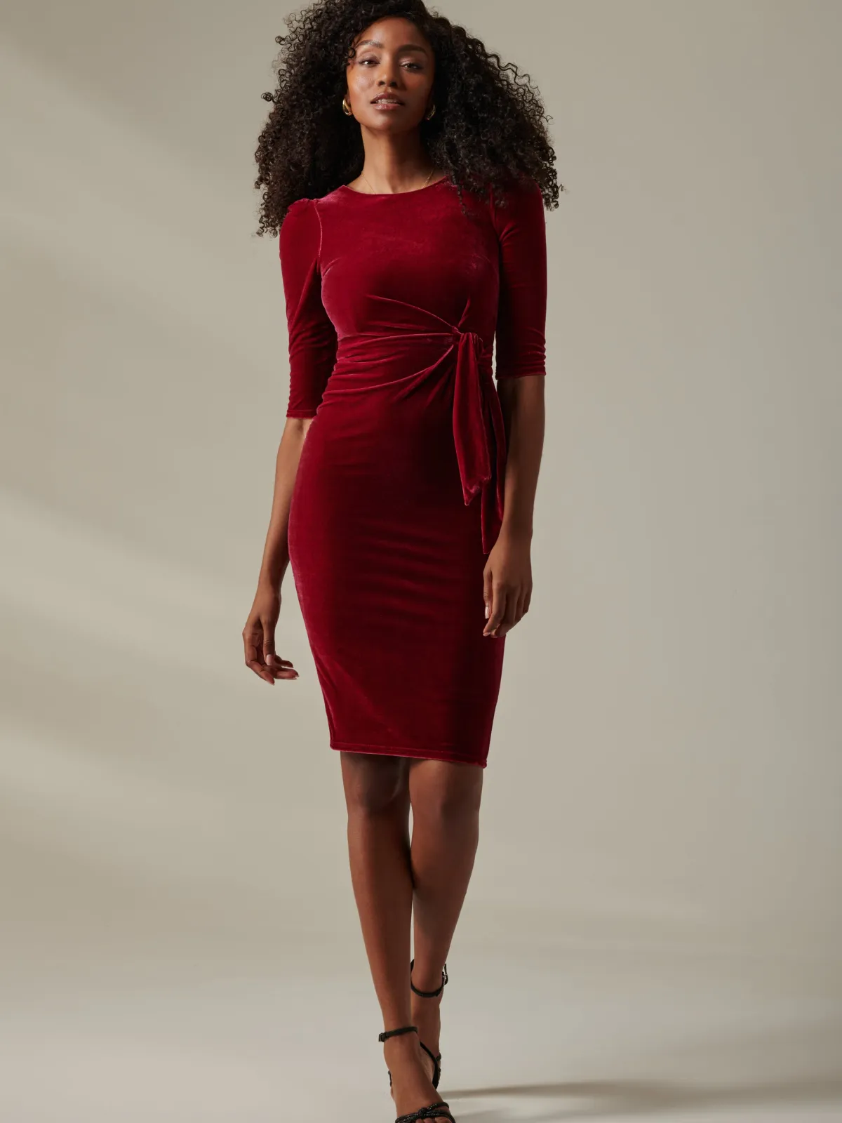 Jolie Moi Occasion Dresses|Velvet Dresses-Velvet Side Tie Midi Dress, Wine
