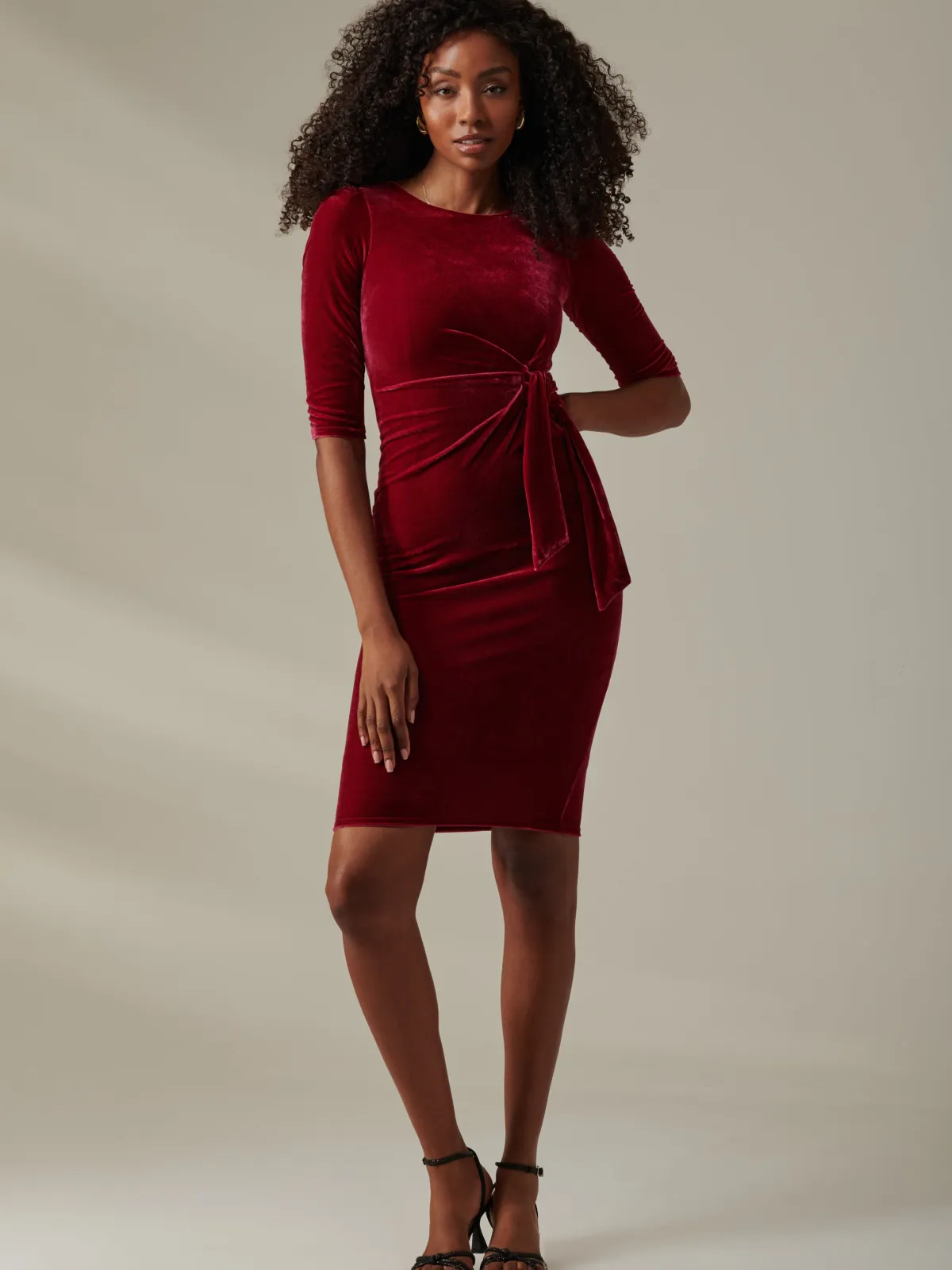 Jolie Moi Occasion Dresses|Velvet Dresses-Velvet Side Tie Midi Dress, Wine