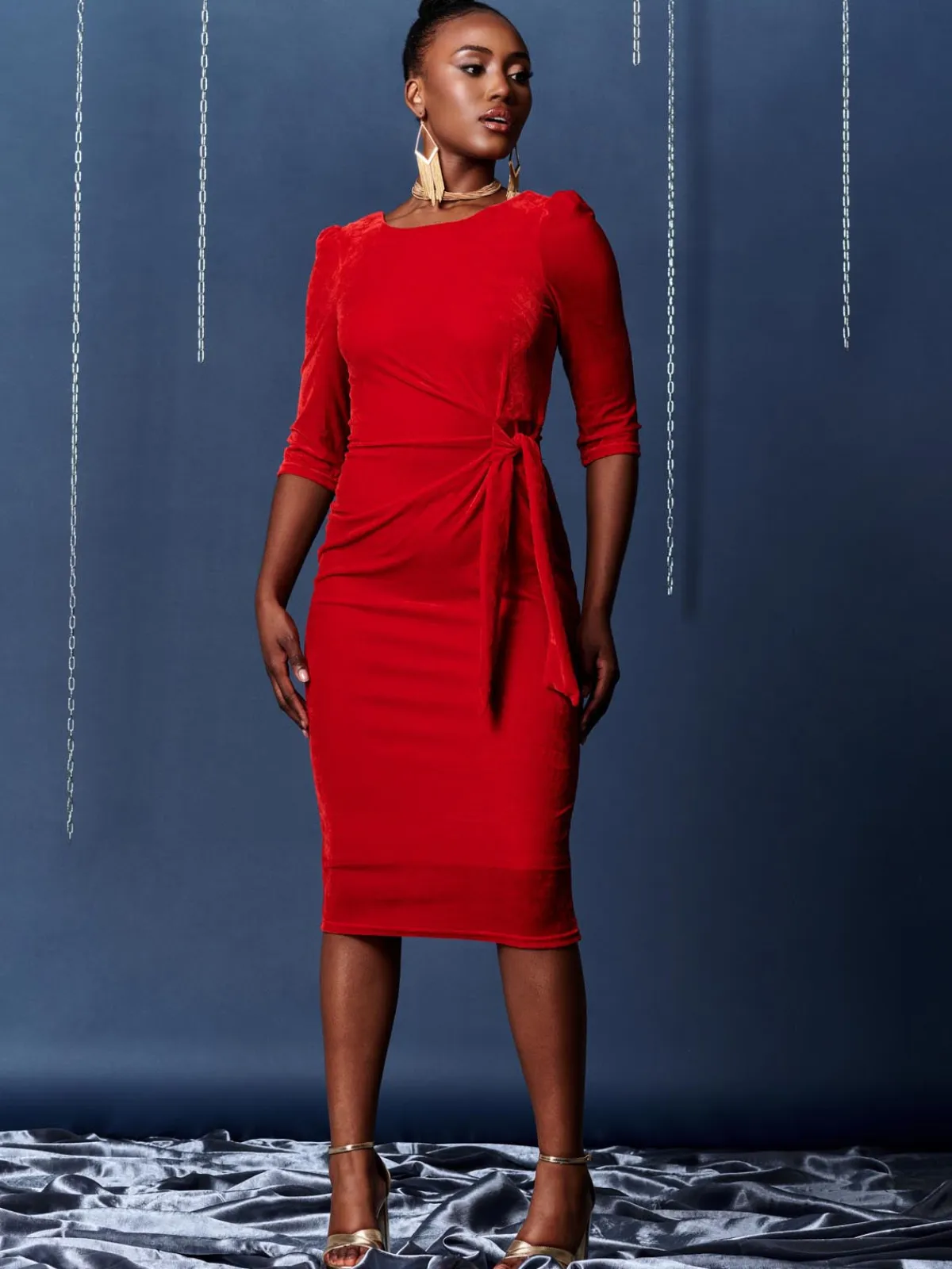 Jolie Moi Occasion Dresses|Velvet Dresses-Velvet Tie Detail Bodycon Dress, Red