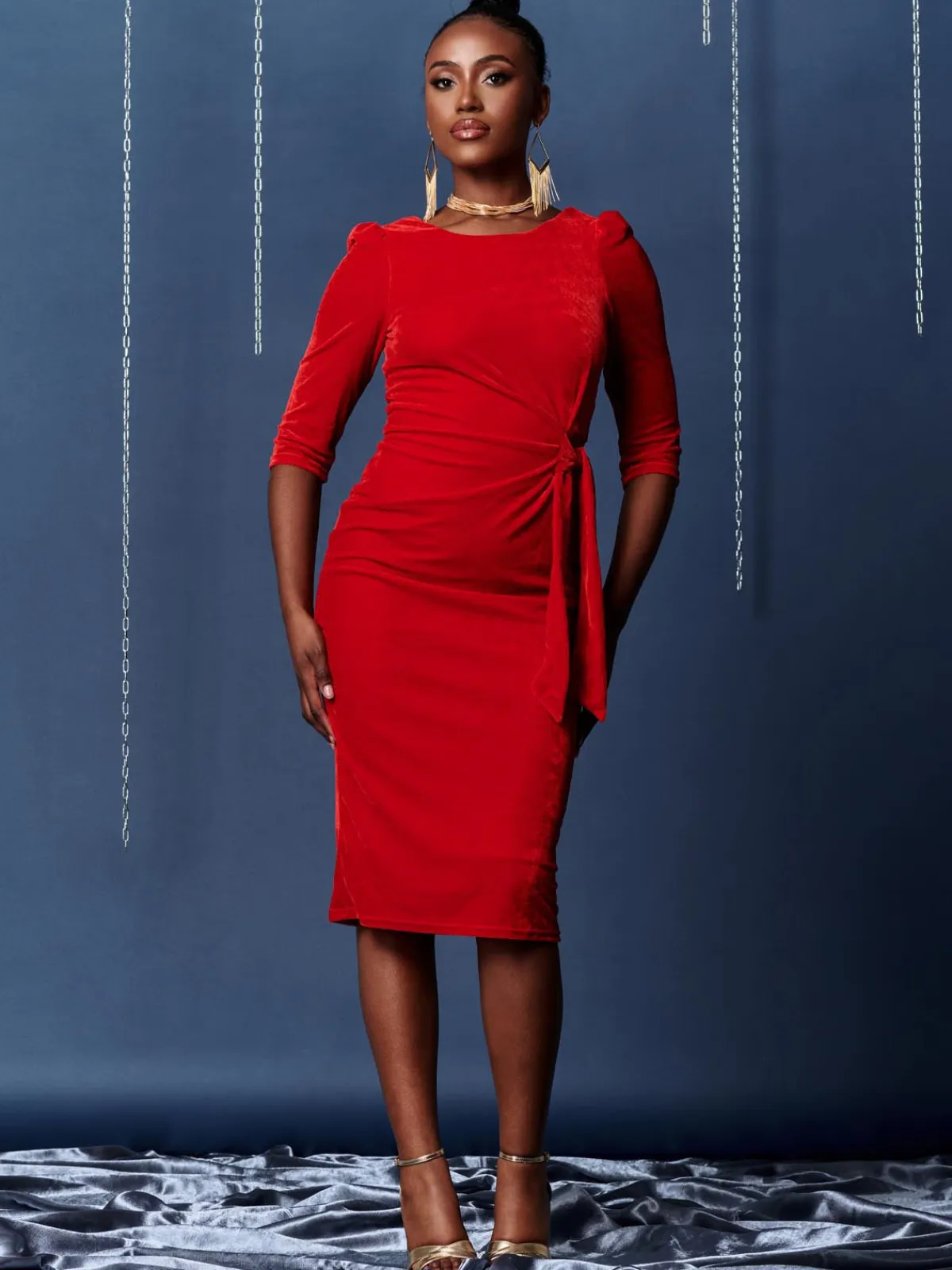 Jolie Moi Occasion Dresses|Velvet Dresses-Velvet Tie Detail Bodycon Dress, Red