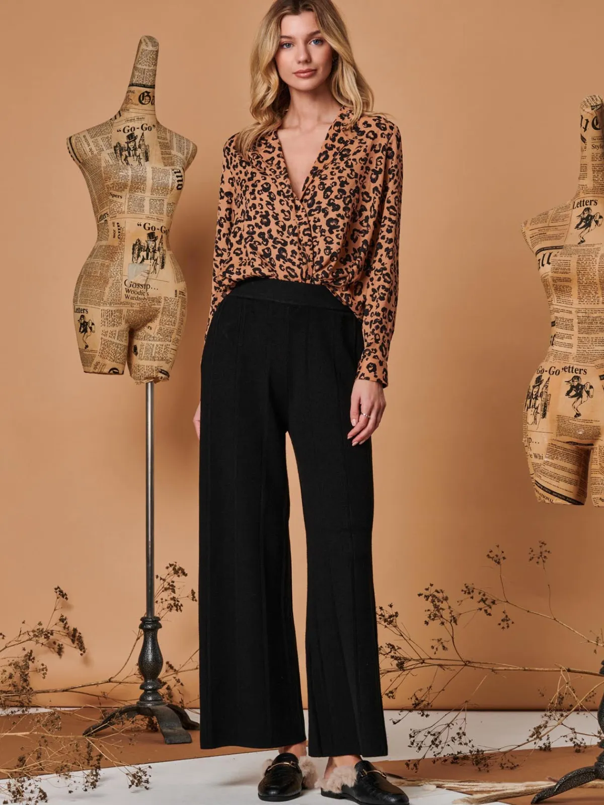 Jolie Moi Co-Ords|Weekend Casuals-Vertical Line Knit Flared Pants, Black
