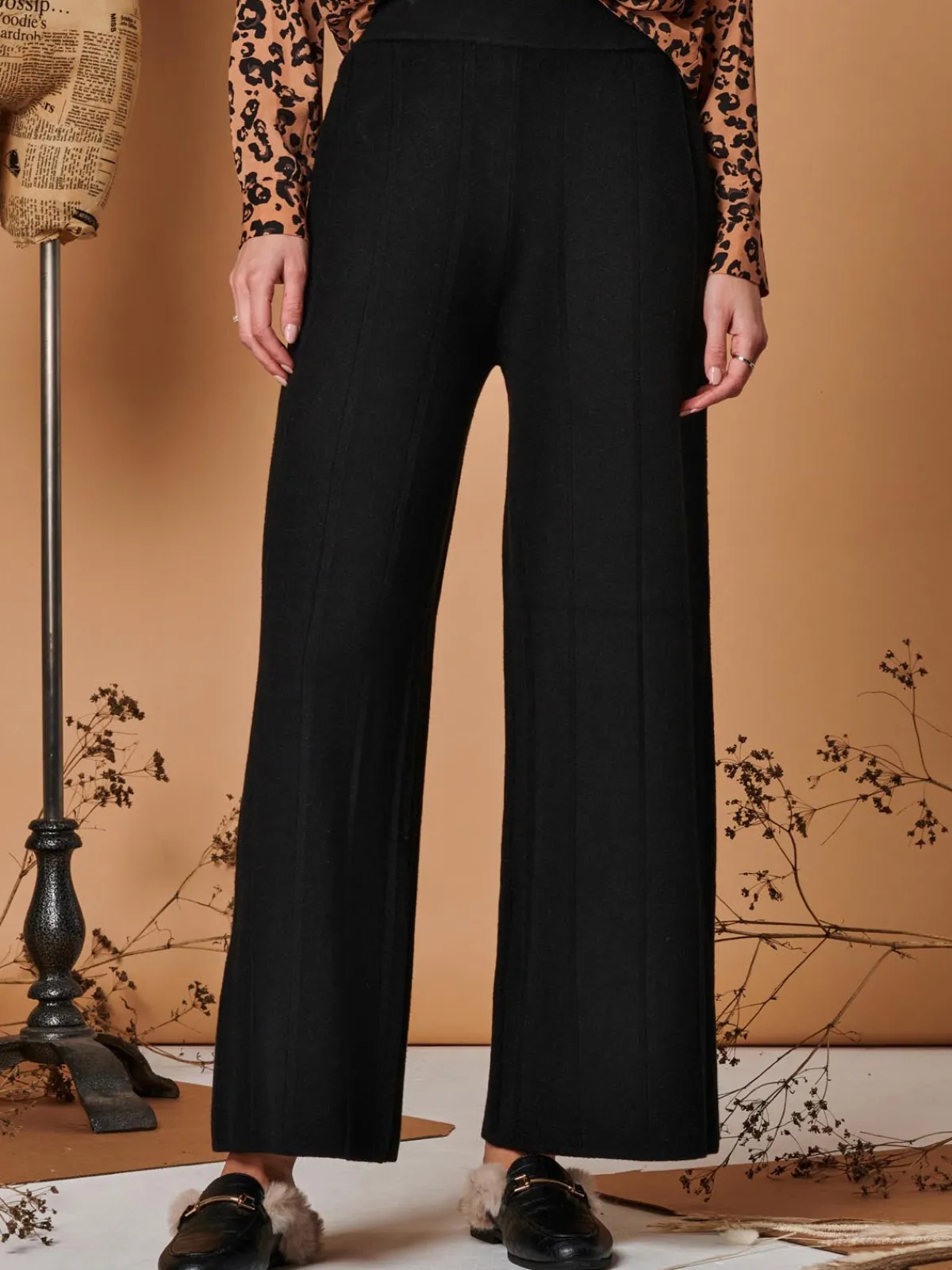 Jolie Moi Co-Ords|Weekend Casuals-Vertical Line Knit Flared Pants, Black