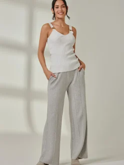 Jolie Moi Co-Ords|Weekend Casuals-Vertical Line Knit Flared Pants, Dove Heather