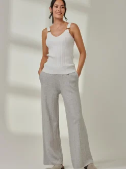 Jolie Moi Co-Ords|Weekend Casuals-Vertical Line Knit Flared Pants, Dove Heather