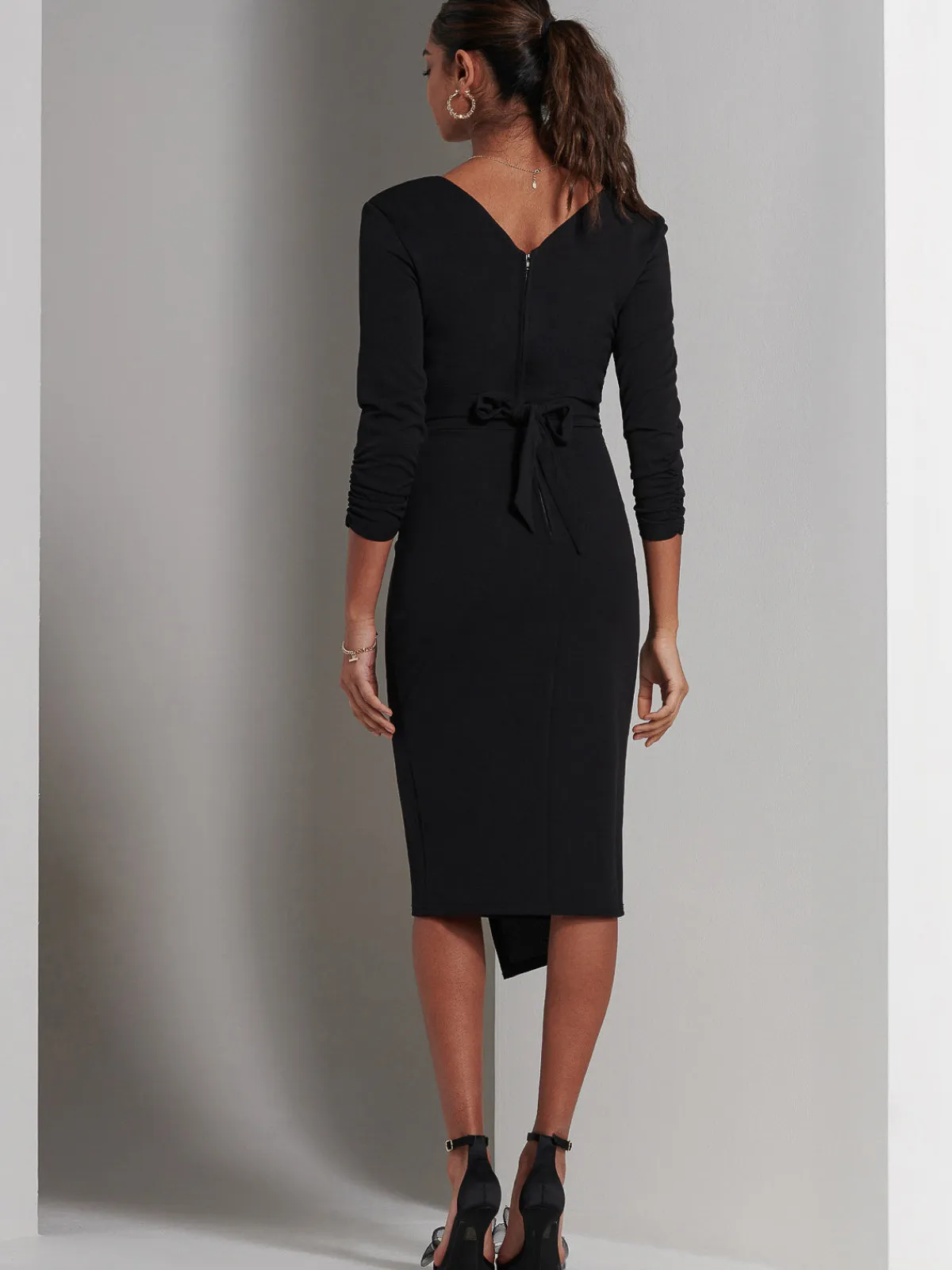Jolie Moi Occasion Dresses|Long Sleeved Dresses-Violetta 3/4 Sleeve Bodycon Dress, Black