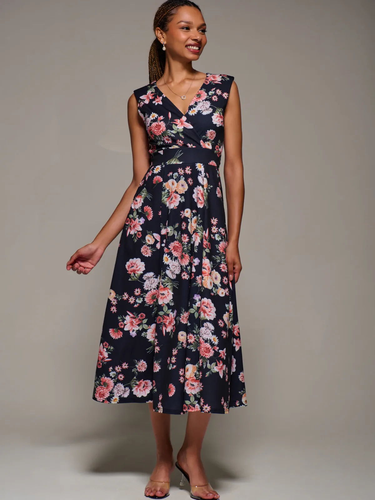Jolie Moi Occasion Dresses|Floral Dresses-V-Neck Fit & Flare Scuba Midaxi Dress, Black Floral