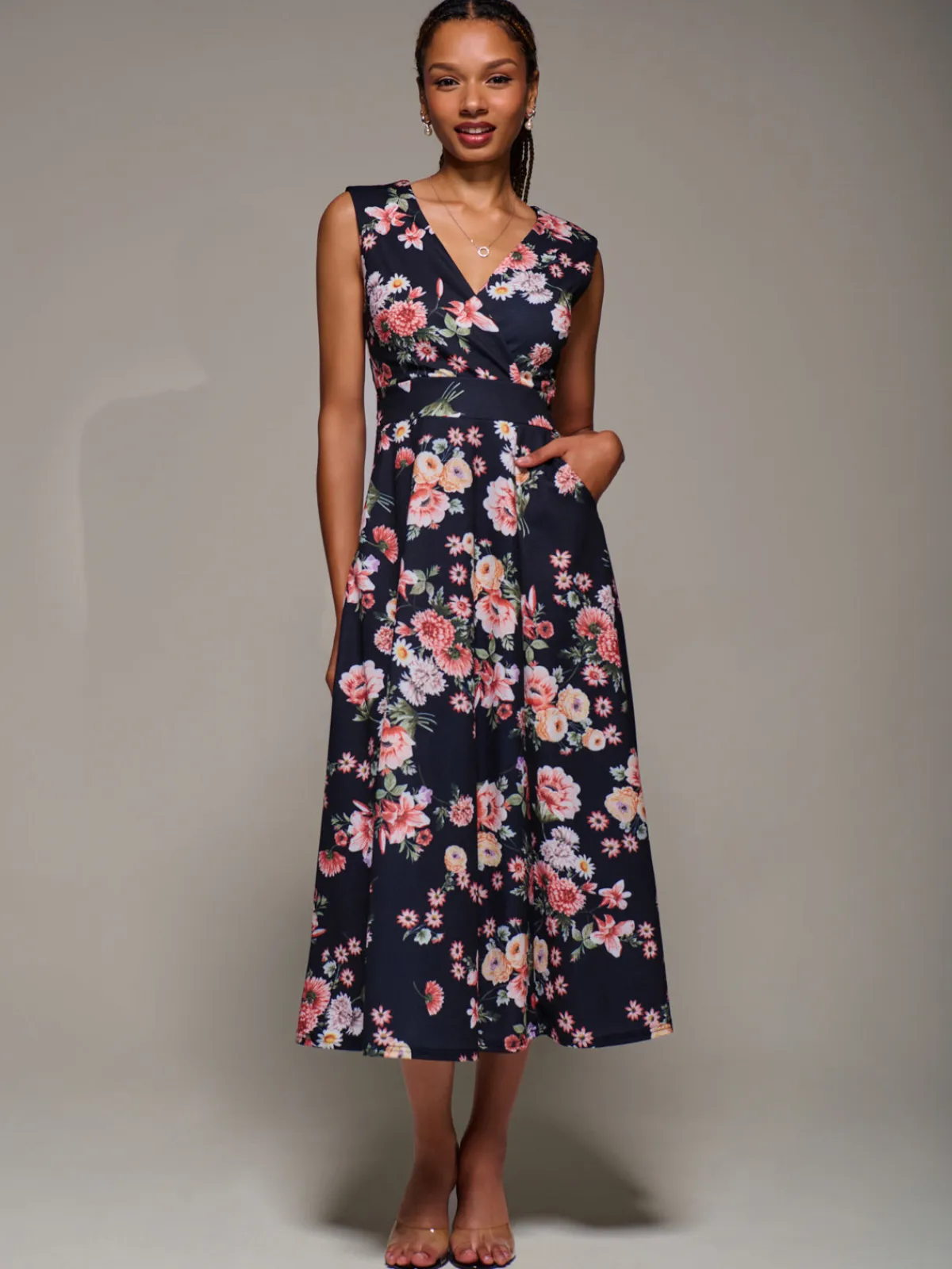 Jolie Moi Occasion Dresses|Floral Dresses-V-Neck Fit & Flare Scuba Midaxi Dress, Black Floral