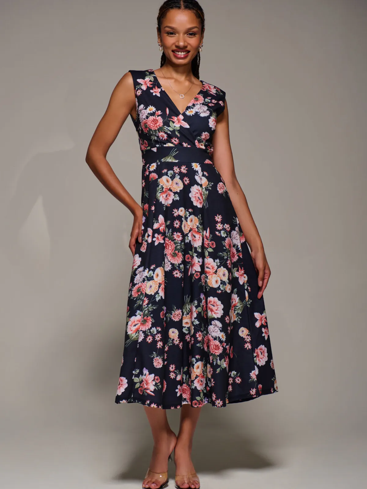 Jolie Moi Occasion Dresses|Floral Dresses-V-Neck Fit & Flare Scuba Midaxi Dress, Black Floral