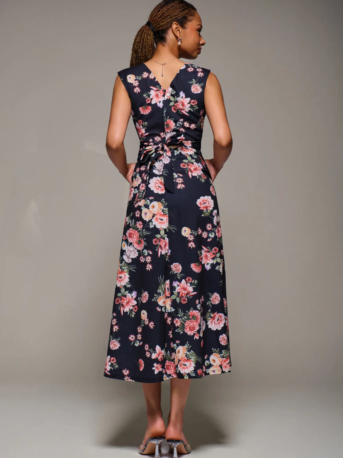 Jolie Moi Occasion Dresses|Floral Dresses-V-Neck Fit & Flare Scuba Midaxi Dress, Black Floral
