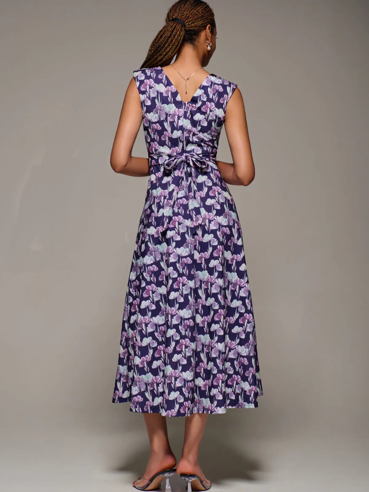 Jolie Moi Occasion Dresses|Floral Dresses-V-Neck Fit & Flare Scuba Midaxi Dress, Purple Floral