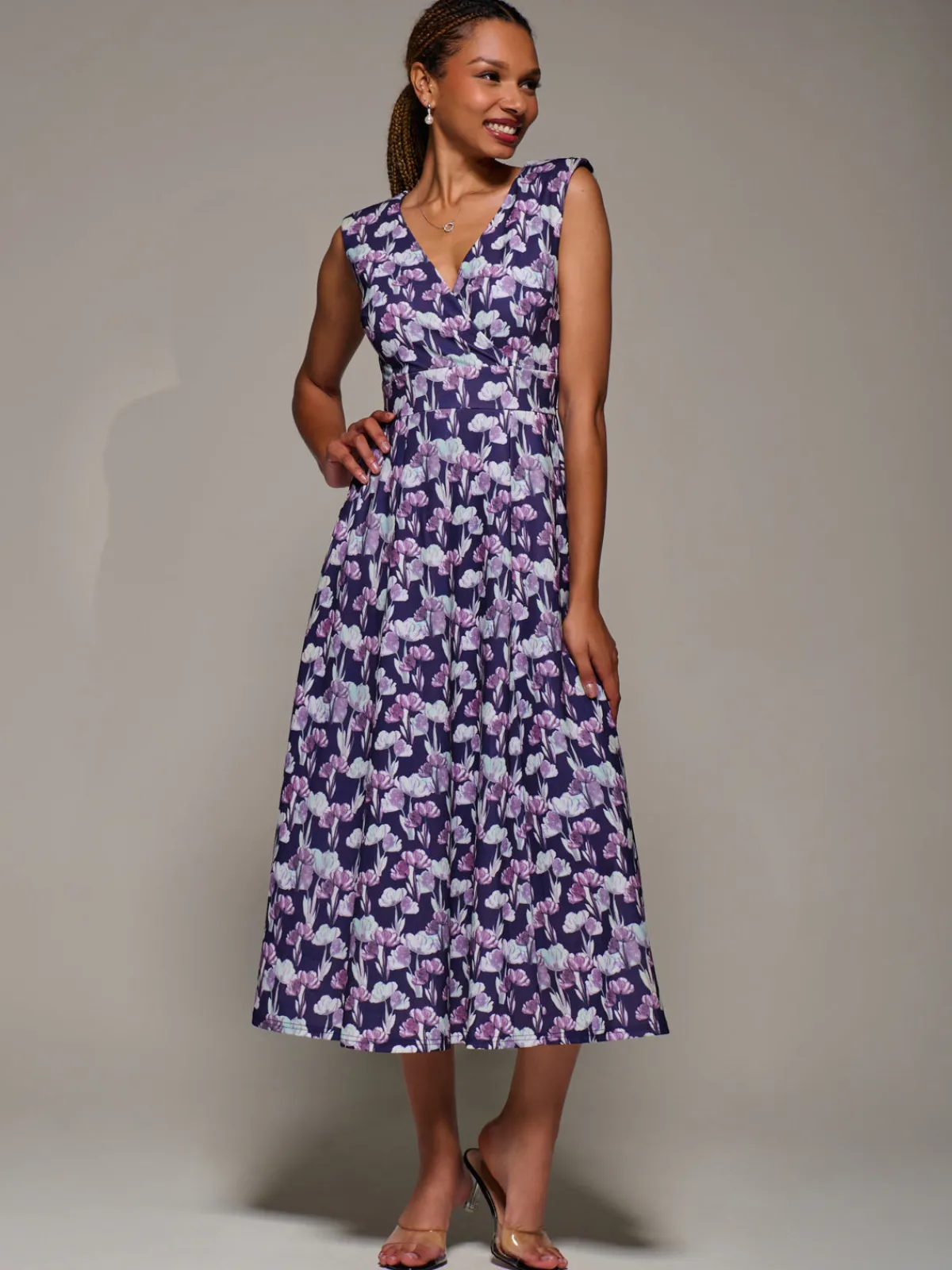 Jolie Moi Occasion Dresses|Floral Dresses-V-Neck Fit & Flare Scuba Midaxi Dress, Purple Floral
