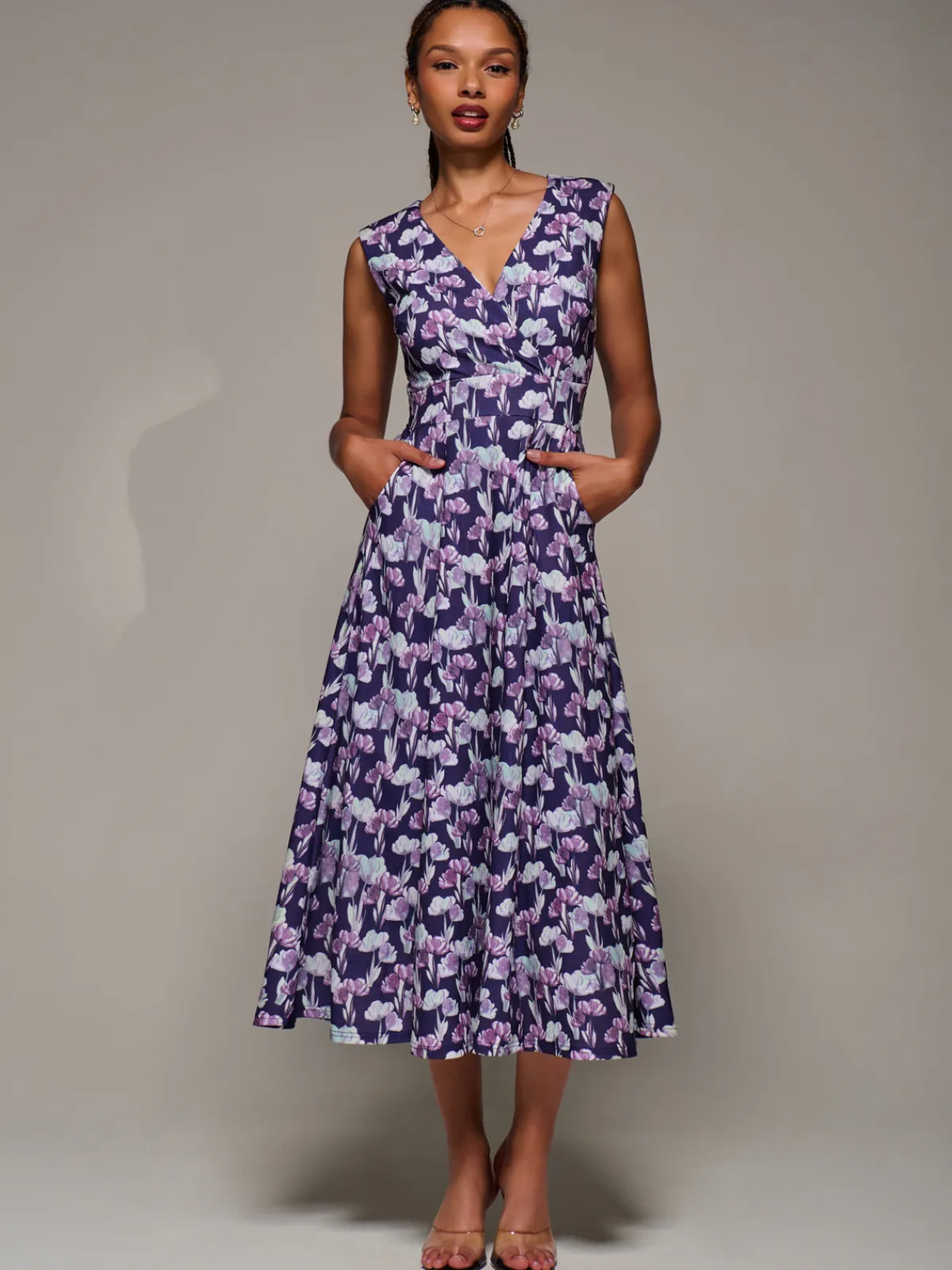 Jolie Moi Occasion Dresses|Floral Dresses-V-Neck Fit & Flare Scuba Midaxi Dress, Purple Floral