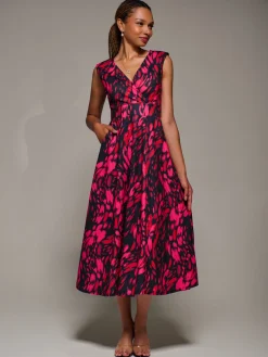 Jolie Moi Occasion Dresses|Animal Print Dresses-V-Neck Fit & Flare Scuba Midaxi Dress, Red Animal