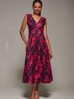 Jolie Moi Occasion Dresses|Animal Print Dresses-V-Neck Fit & Flare Scuba Midaxi Dress, Red Animal