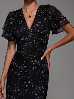 Jolie Moi Occasion Dresses|Maxi Dresses-V-Neck Frill Sleeve Chiffon Midaxi Dress, Black Floral