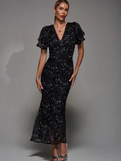Jolie Moi Occasion Dresses|Maxi Dresses-V-Neck Frill Sleeve Chiffon Midaxi Dress, Black Floral