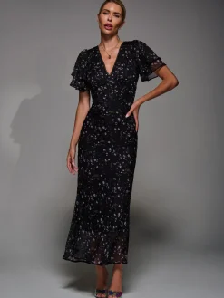 Jolie Moi Occasion Dresses|Maxi Dresses-V-Neck Frill Sleeve Chiffon Midaxi Dress, Black Floral