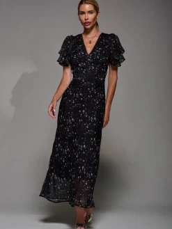 Jolie Moi Occasion Dresses|Maxi Dresses-V-Neck Frill Sleeve Chiffon Midaxi Dress, Black Floral