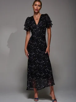 Jolie Moi Occasion Dresses|Maxi Dresses-V-Neck Frill Sleeve Chiffon Midaxi Dress, Black Floral