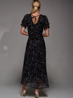 Jolie Moi Occasion Dresses|Maxi Dresses-V-Neck Frill Sleeve Chiffon Midaxi Dress, Black Floral
