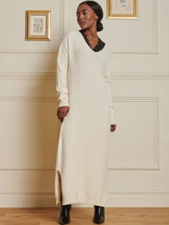 Jolie Moi Made In Italy-V-Neck Knitted Longline Dress, Beige Heather