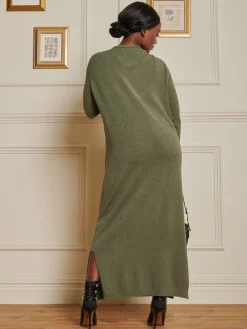 Jolie Moi Made In Italy-V-Neck Knitted Longline Dress, Soldier Green