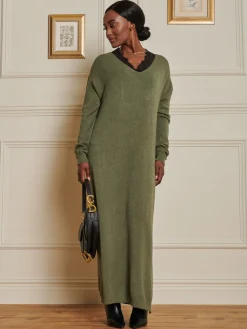 Jolie Moi Made In Italy-V-Neck Knitted Longline Dress, Soldier Green