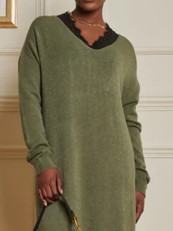 Jolie Moi Made In Italy-V-Neck Knitted Longline Dress, Soldier Green