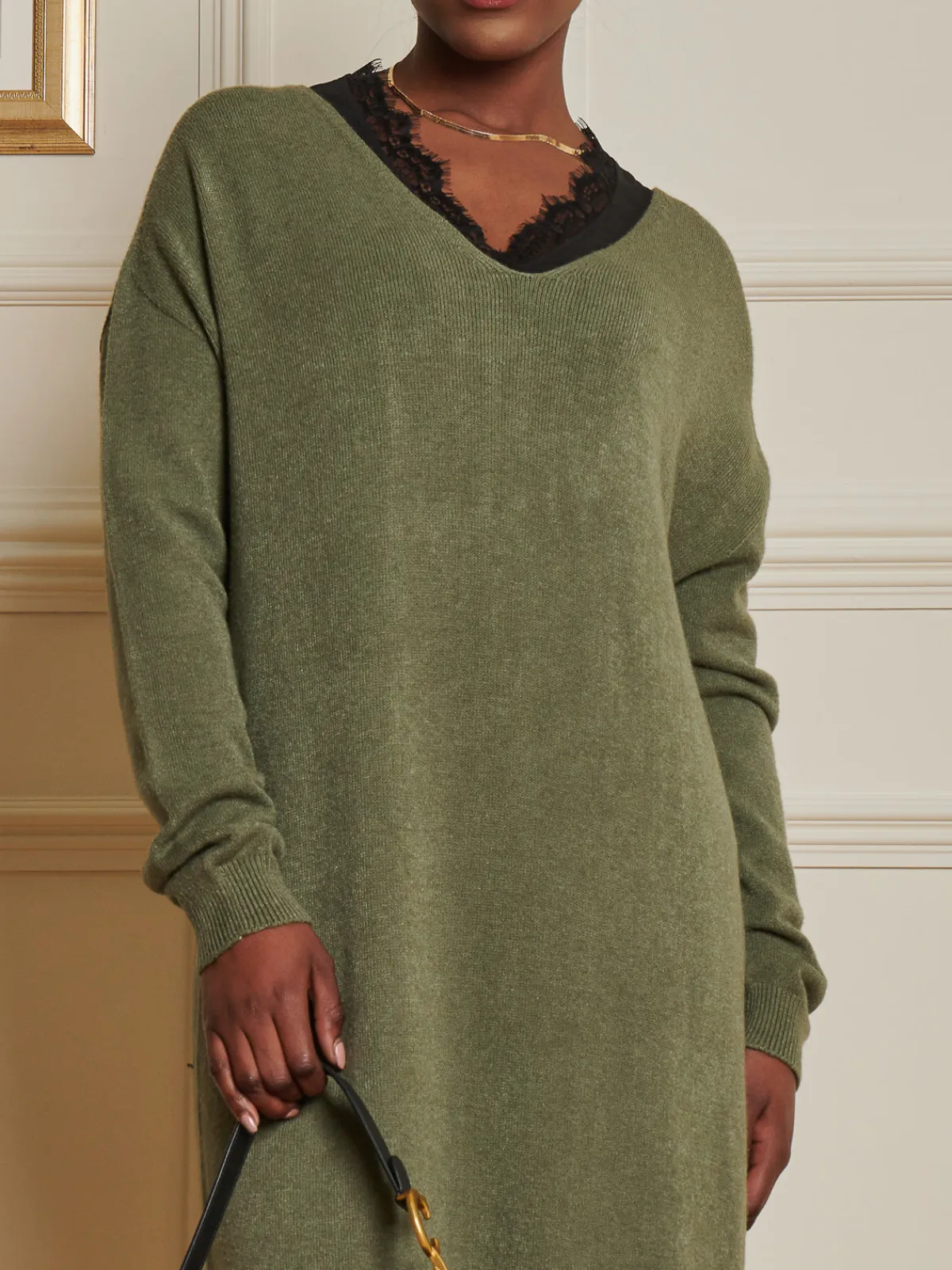 Jolie Moi Made In Italy-V-Neck Knitted Longline Dress, Soldier Green