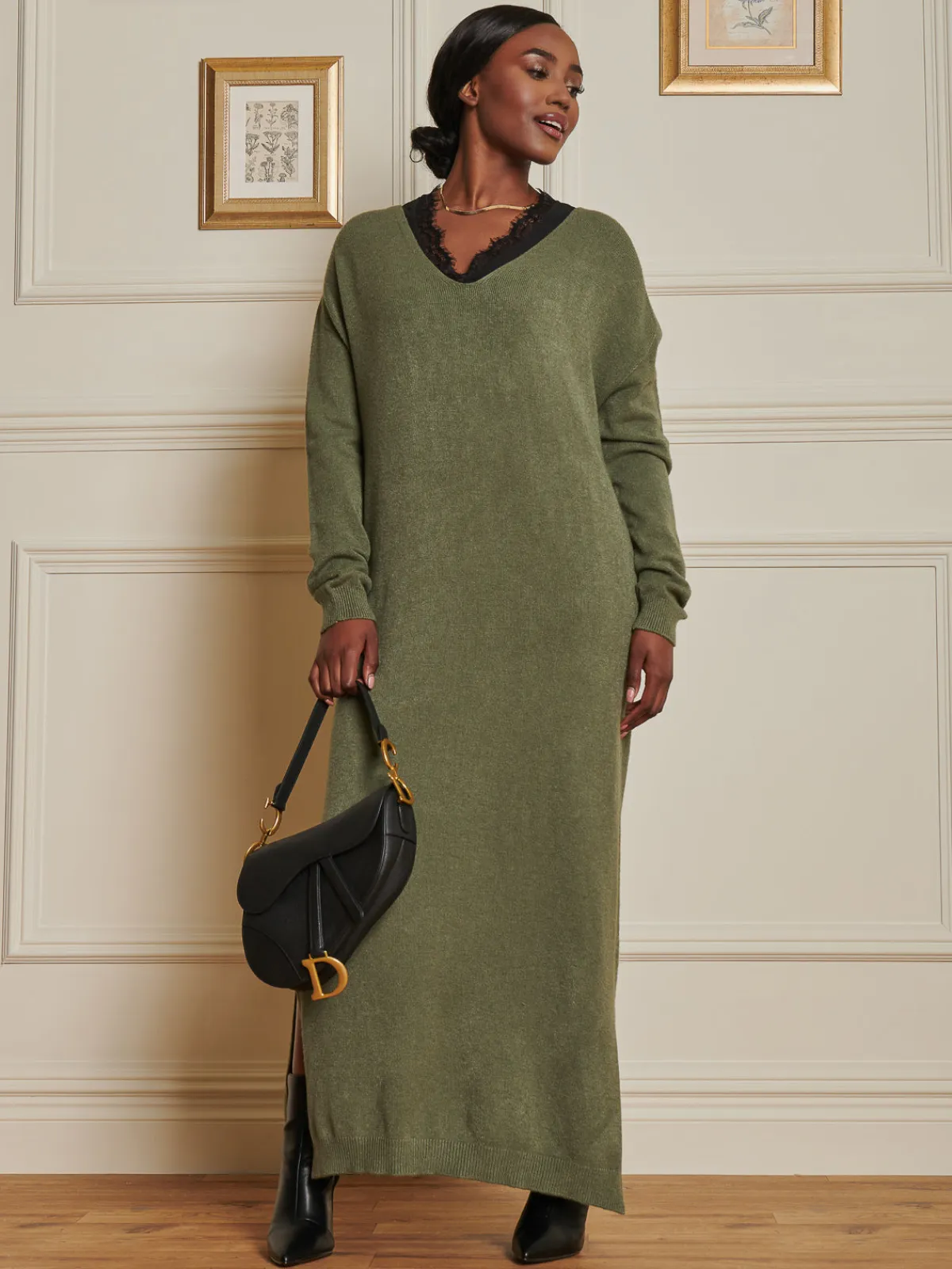 Jolie Moi Made In Italy-V-Neck Knitted Longline Dress, Soldier Green