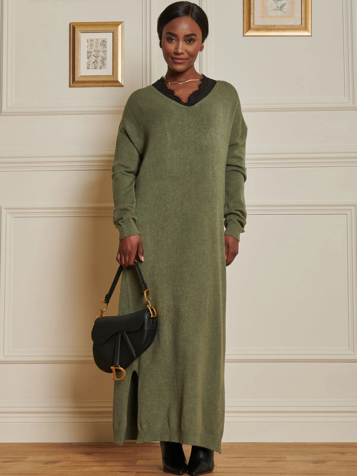 Jolie Moi Made In Italy-V-Neck Knitted Longline Dress, Soldier Green
