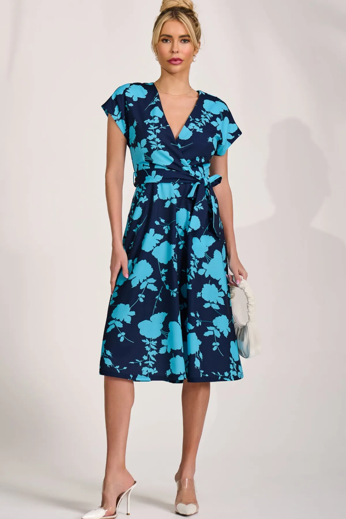Jolie Moi Occasion Dresses|Wedding Guest-V Neck Print Scuba Midi Dress, Blue Floral