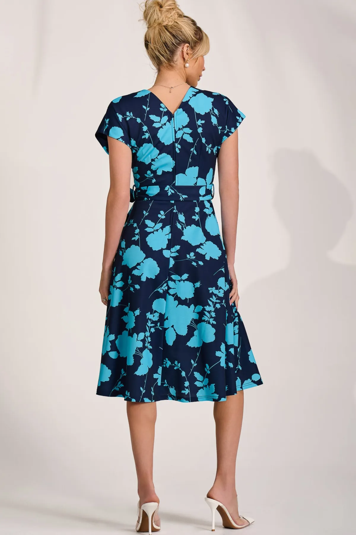 Jolie Moi Occasion Dresses|Wedding Guest-V Neck Print Scuba Midi Dress, Blue Floral