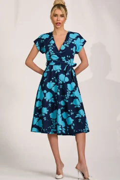 Jolie Moi Occasion Dresses|Wedding Guest-V Neck Print Scuba Midi Dress, Blue Floral