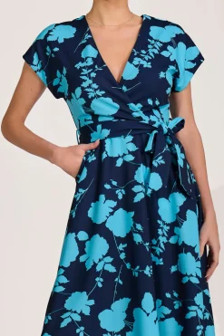 Jolie Moi Occasion Dresses|Wedding Guest-V Neck Print Scuba Midi Dress, Blue Floral