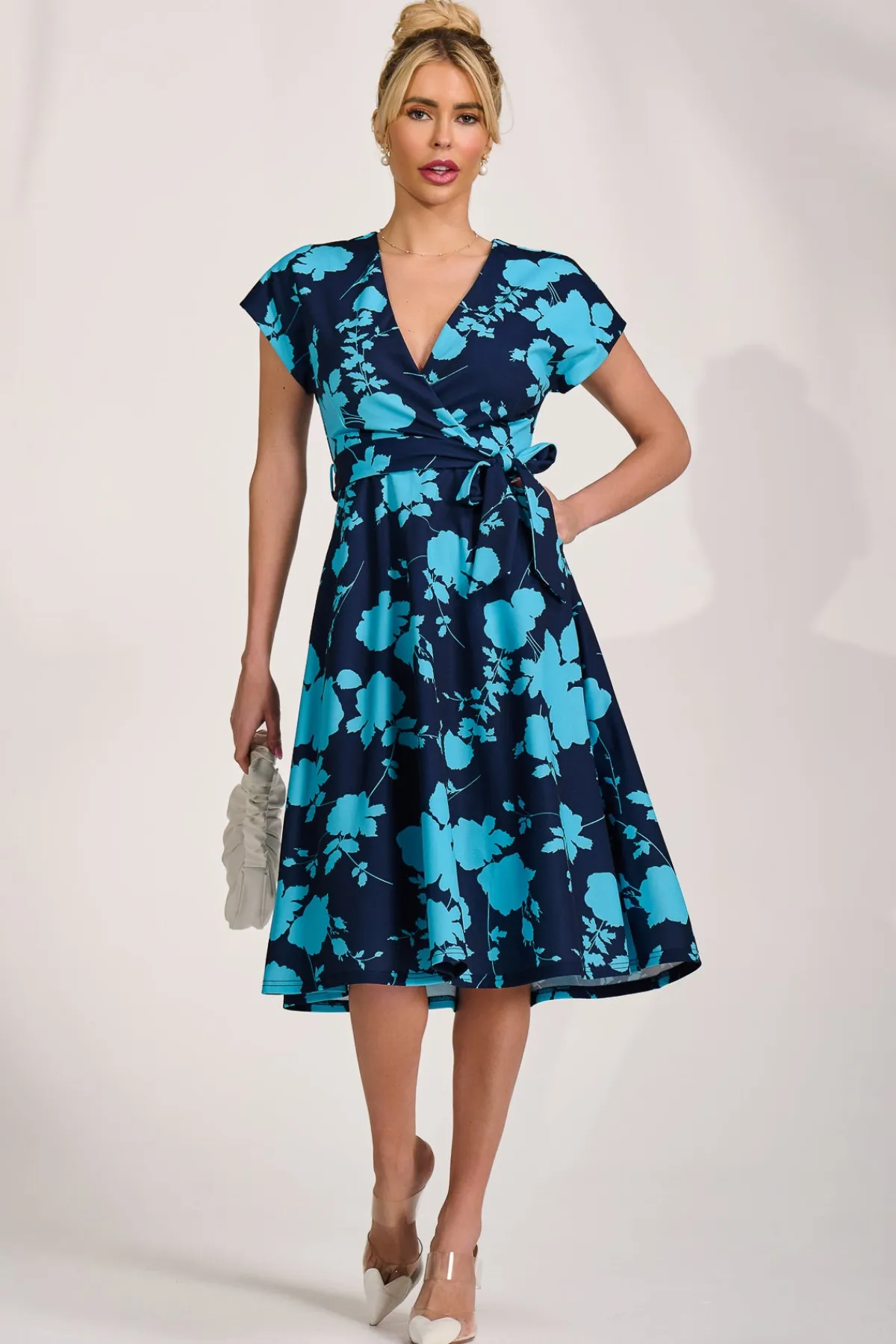 Jolie Moi Occasion Dresses|Wedding Guest-V Neck Print Scuba Midi Dress, Blue Floral