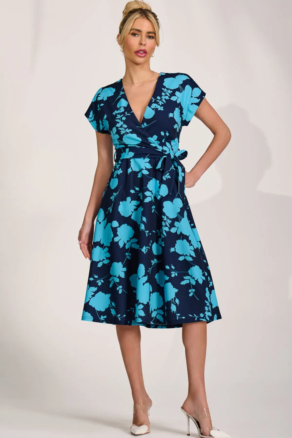 Jolie Moi Occasion Dresses|Wedding Guest-V Neck Print Scuba Midi Dress, Blue Floral
