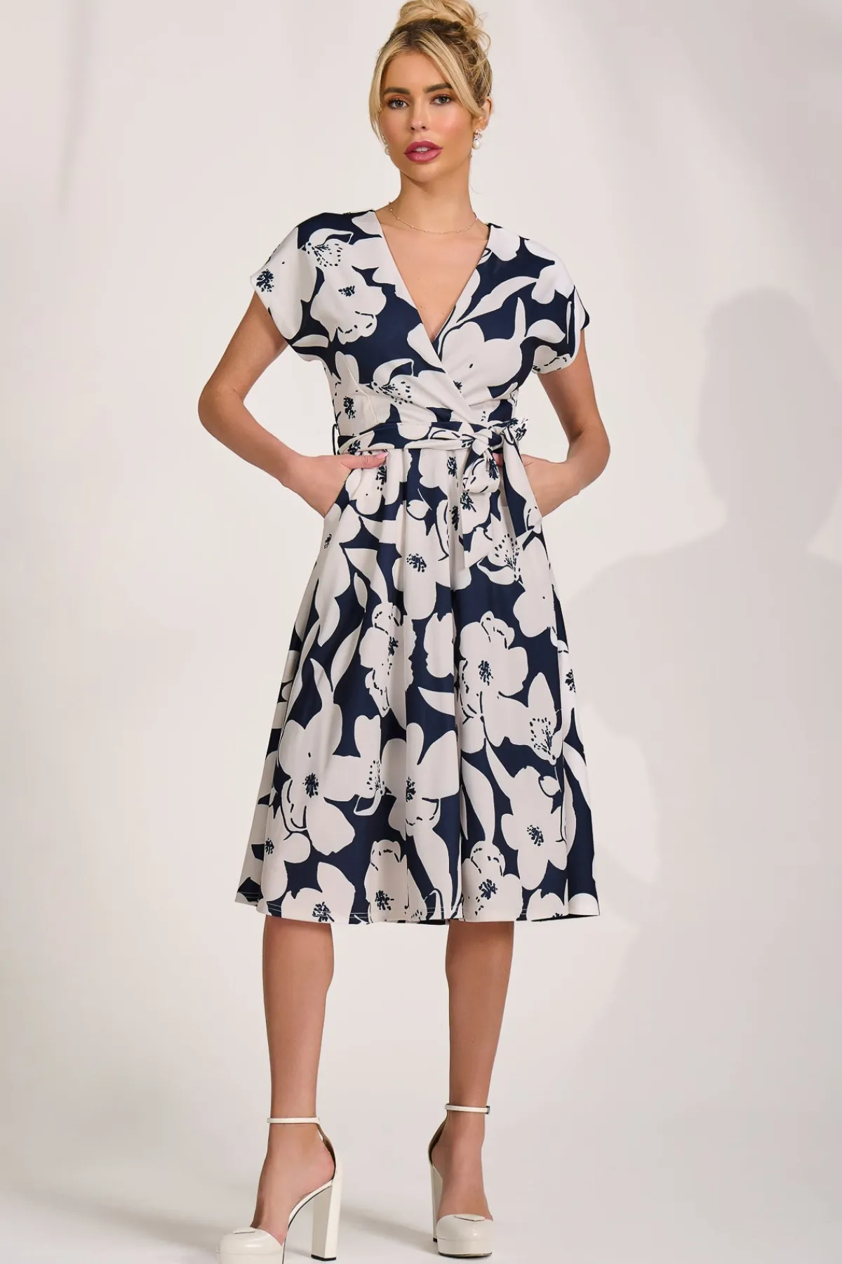 Jolie Moi Occasion Dresses|Wedding Guest-V Neck Print Scuba Midi Dress, Navy Floral