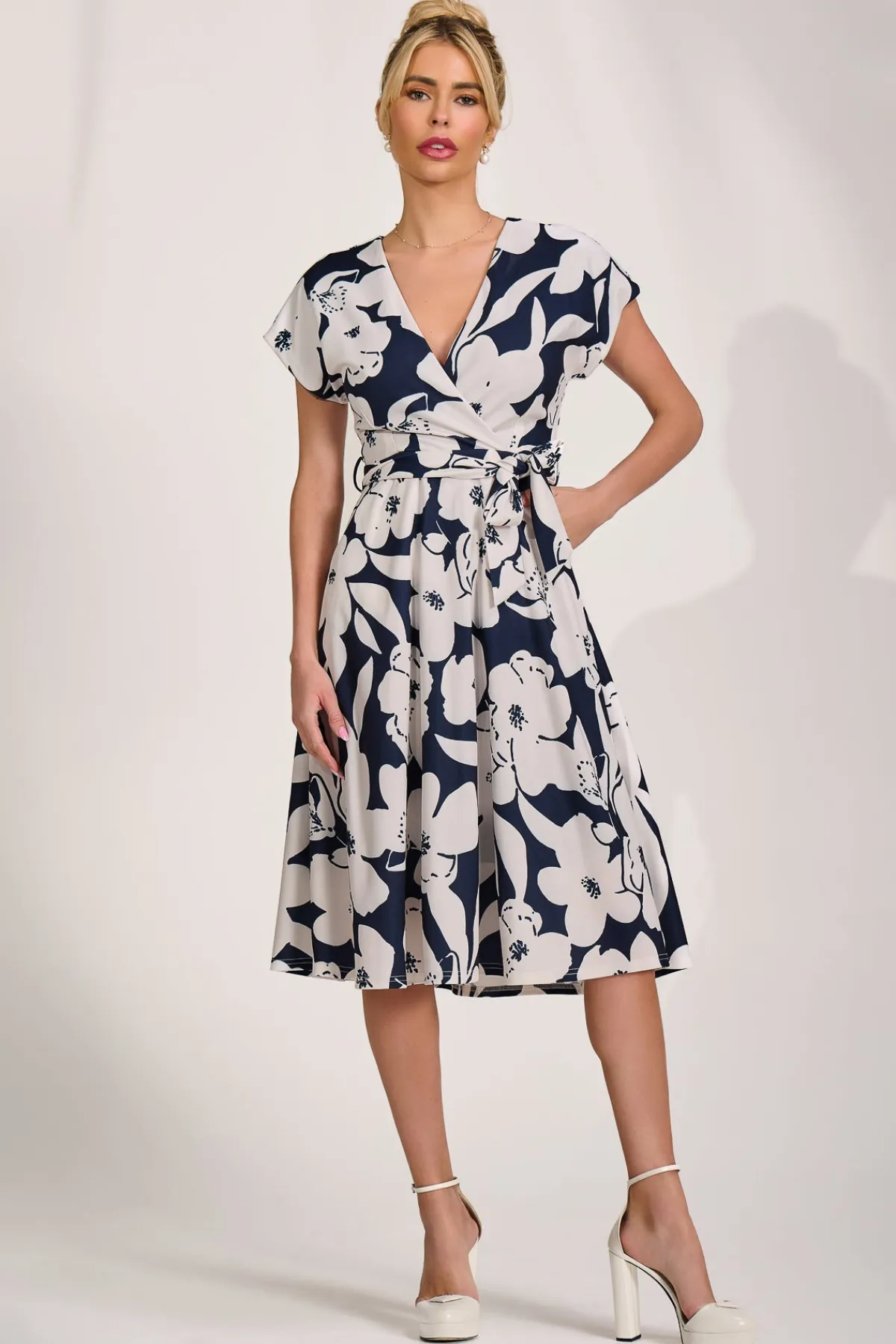 Jolie Moi Occasion Dresses|Wedding Guest-V Neck Print Scuba Midi Dress, Navy Floral