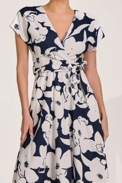 Jolie Moi Occasion Dresses|Wedding Guest-V Neck Print Scuba Midi Dress, Navy Floral